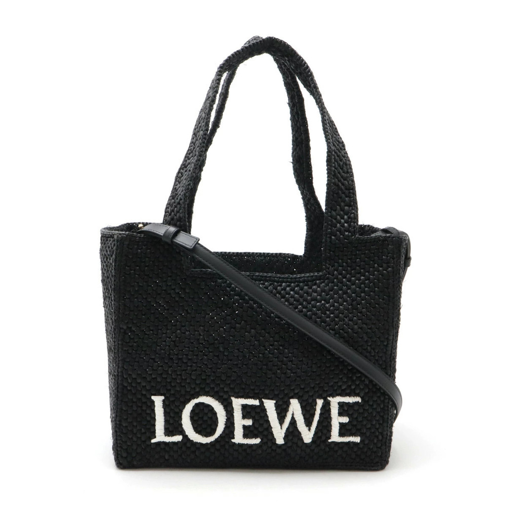 LOEWE Font Tote Bag Shoulder Raffia Leather Black White